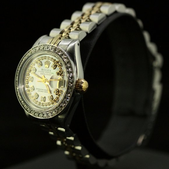 Rolex Ladies Datejust Oyster 18K Gold Stainless Diamond Dial Bezel 69173